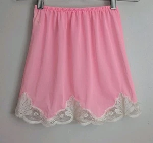 Vintage 60s Pink Nylon Half Slip Mini Skirt Lace Trim XXS Jrs Teen EUC 22" Waist - Picture 1 of 8