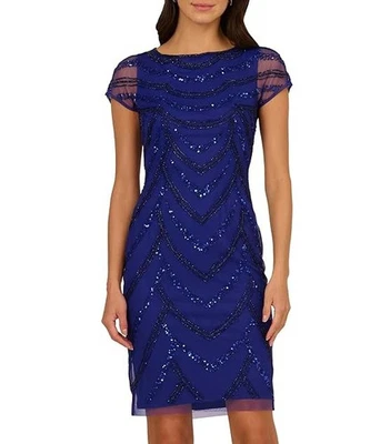 NWT $199 Adrianna Papell Beaded Mesh Cocktail Dress Dark Blue Violet 10 - Image 1 of 4