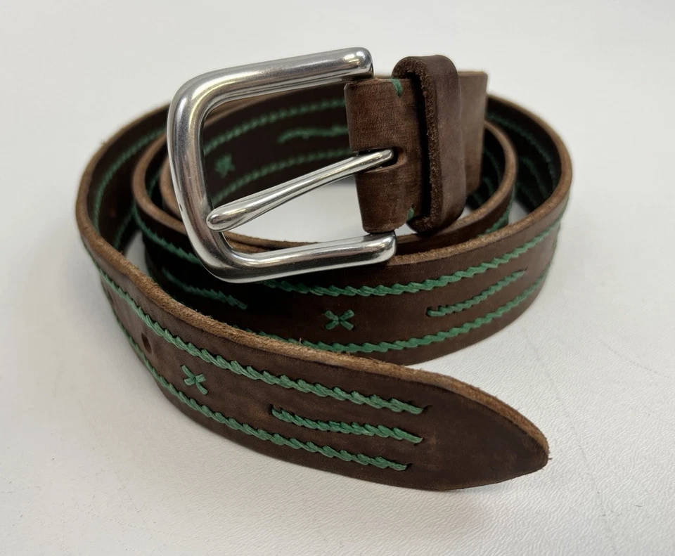 Мужской итальянский кожаный ремень Ralph Lauren коричневый с зелеными швами размер 42 - Изображение 1 из 4