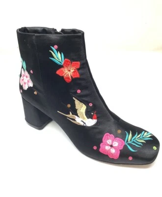 Booho Botines Bordados Florales Botas Talla 7 Tacones Negros Para Mujer  Foto 1 de 4