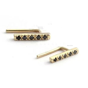 Solid 14k Yellow Gold 0.09Ct Black Diamond Bar Ear Cuff Earrings Jewelry 10mm - Picture 1 of 3