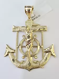 Solid 10k Yellow Gold Charm Anchor Pendant Men Real 10 KT With Jesus crucifix. - Picture 1 of 4