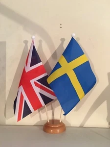 UNION JACK AND SWEDEN TWIN TABLE FLAG SET with WOODEN BASE 9"X6" FLAGS - Picture 1 of 1