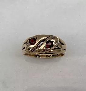 Antique Snake Ring 9ct Gold, Garnet & Diamond, Two Entwined Snakes, UK Hallmarks - Picture 1 of 14
