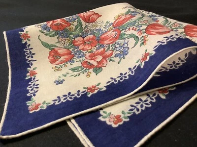 #7448🌟Pañuelo Vintage Años 40 Floral Pradera Rojo Tulipanes y Azul Marino Foto 1 de 4