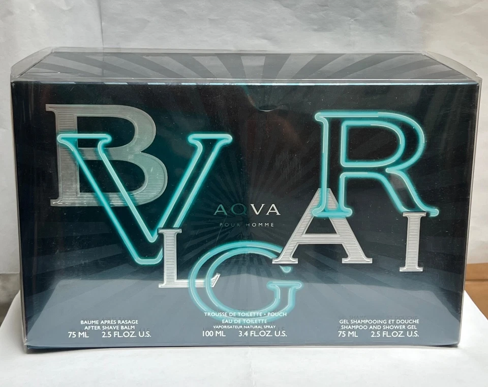 JUEGO DE 4 PIEZAS BVLGARI AQVA por BVLGARI MEN 3,4 oz EDT + 2,5 oz SG + BÁLSAMO A/S + BOLSA Foto 1 de 4