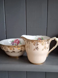 Paragon Cabbage Rose Sugar Bowl & Milk Jug Creamer Double Warrant Gilded Peach - Picture 1 of 14