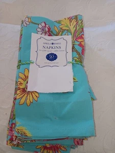 APRIL CORNELL TEAL WITH FLORAL PATTERN NAPKINS 16"X16" SET OF 10 100% COTTON NIP - Picture 1 of 6