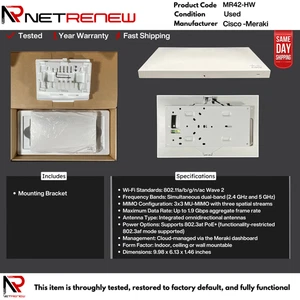 Cisco Meraki MR42-HW  802.11ac 1.90 Gbit/s Cloud Managed Wireless * No Adapter* - Picture 1 of 1