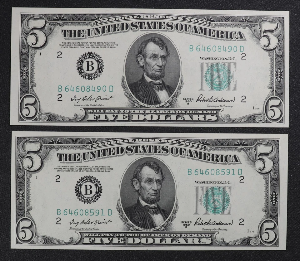 Two Choice Uncirculated Series 1950 B $5 Chicago Federal Reserve Notes - Image 1 of 3