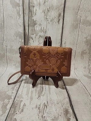 The Sak Brown Leather Wristlet Phone Wallet Tooled Engraved Floral Pattern Soft - Image 1 of 4