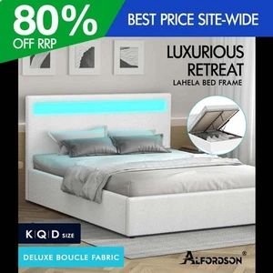 ALFORDSON Bed Frame Double Queen King RGB LED Gas Lift Storage Base Boucle - Picture 1 of 38