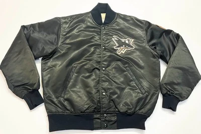 Винтажная стартовая атласная куртка НХЛ San Jose Sharks Bomber M черная сделано в США стеганая - Изображение 1 из 4