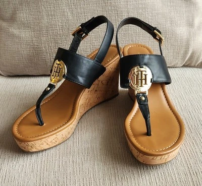 Tommy Hilfiger Womens Manne Black & Tan Slingback Cork  Wedge Sandals Size 9 NEW - Image 1 of 4