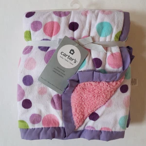 NEW Carters Aqua Polka Dot Baby Blanket Pink Sherpa Purple Trim 30x40 - Picture 1 of 4