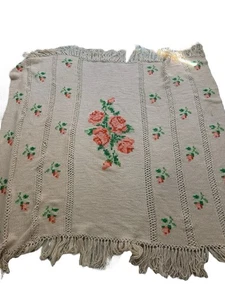 Manta afgana vintage tejida rosa melocotón rosa ganchillo flecos casa de campo - Imagen 1 de 5