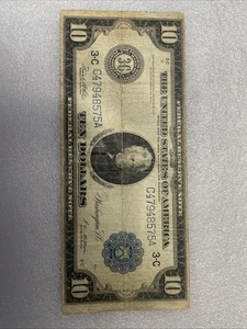 1914 $10 Federal Reserve Note Large Size (111 Yrs old) SEE PHOTOS FOR CONDITION - Picture 1 of 12