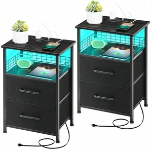 Set of 2 Nightstands with LED Lights USB Ports Drawers for Bedroom Living Room - Picture 1 of 7