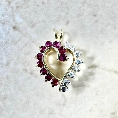Vintage Natural Ruby & Diamond Heart Pendant Necklace - 14K Gold Ruby Pendant - Image 1 of 4