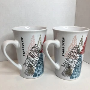 2 Matching Starbucks Coffee Mug Tall Multi Color Christmas Trees 11oz No Date - Picture 1 of 4