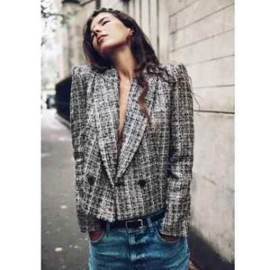 Blazer Zara Cuadros Cuello Solapa Metálico Doble Pecho Botón Recortado XS NUEVO CON ETIQUETAS - Imagen 1 de 6