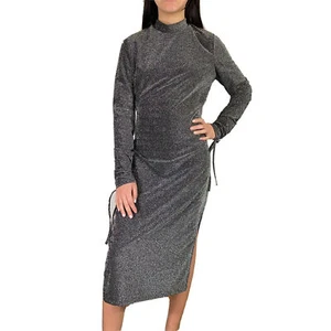 Topshop Glitter Cocktail Dress Women's Size 10 Silver Long Sleeve Open Back Midi - Picture 1 of 10