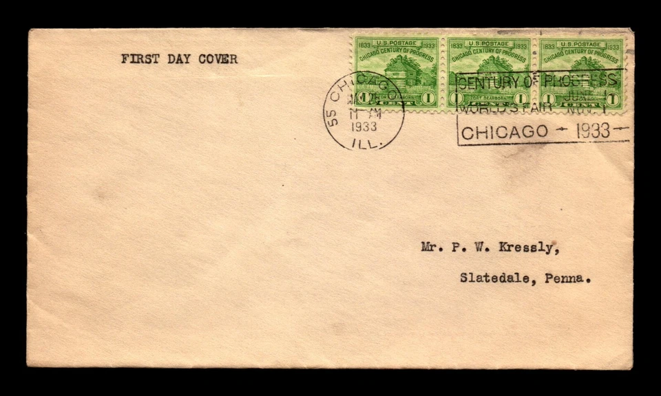 SC# 728 FDC / Strip of 3 / No Cachet / Minor Creasing - N435 - Image 1 of 2