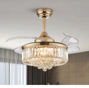 Gold LED Invisible Ceiling Fan Light Crystal Chandelier With Remote Control 36” - Picture 1 of 5