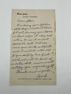 Jackie Jack Warner 1903-1986 Signed Letter To California Angels Rookie Player - Image 1 of 4