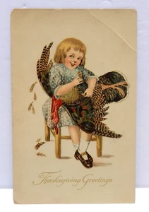 Thanksgiving Greetings Young Girl Plucking Turkey Feathers From Bird - Picture 1 of 2