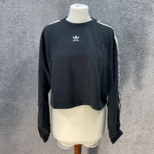 ADIDAS ORIGINALS BLACK CROPPED SWEATSHIRT THREE STRIPE LOGO Y2K HEAVY UK 10 - Picture 1 of 6
