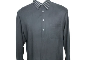 BUGATCHI UOMO VTG Shirt Black All Silk White Embroidery Stitch on Cuff Collar L - Picture 1 of 11