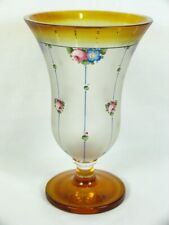 Mid Century Moser ? Vase Enamel Hand Painted Frost Glass Amber Blue Pink Floral