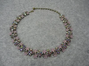 Vtg Kramer Crystal Rhinestone Purple Enamel Flowers Choker Necklace 14" Long - Picture 1 of 8