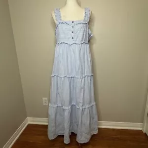 NOM MATERNITY Emma During After Maxi Tiered Dress XL Nursing Blue White Stripe - Picture 1 of 11