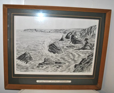 J W Bridge Art drawing 'Bedruthan steps'- Cornwall Monochrome sketch- Vintage GC - Image 1 of 4