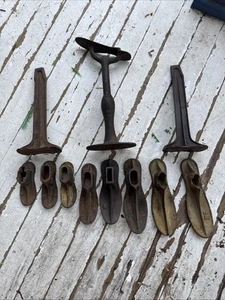 Lot Of Cast Iron Cobbler (1) Anvil With Shoe Mold (2) Stands And (8 ) Shoe Molds - Picture 1 of 4