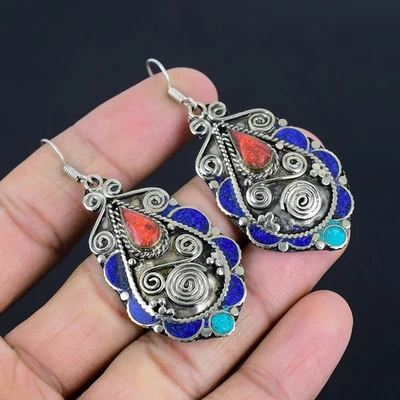 Orecchino vintage tibetano argento sterling 925 turchese corallo... - Immagine 1 di 4