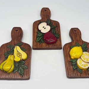 Three 1960s Ceramic Fruit Cutting Board Wall Plaques Mid-Century Kitchen Decor - Picture 1 of 11