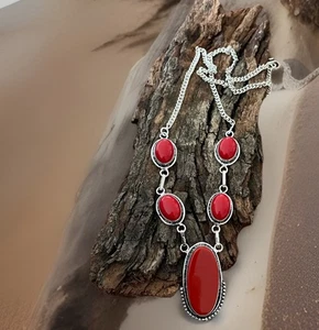Italian Red Coral Pendant Necklace- 925 Sterling Silver Plated- New - Imagen 1 de 5