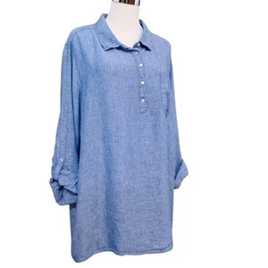 JNY 100% Linen Blouse Top 2X Blue Popover Roll Tab Sleeves Casual Career Office - Picture 1 of 9