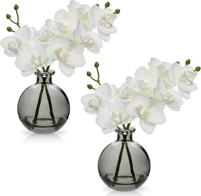 White Orchids Artificial Flowers Faux Orchid Arrangement with Black Glass Vase S - Image 1 of 4