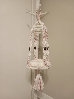 Pink, Red & White Macrame Handmade Hanging Cat Hammock - Image 1 of 4