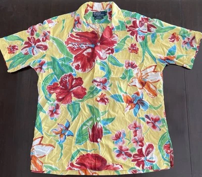 Polo Ralph Lauren Hawaiian Shirt VTG Silk Blend Loop Collar Yellow Red Floral M - Image 1 of 4