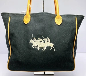 Vintage Ralph Lauren Tote Bag Canvas Leather Black Camel Brown Big Polo Boston - Picture 1 of 12