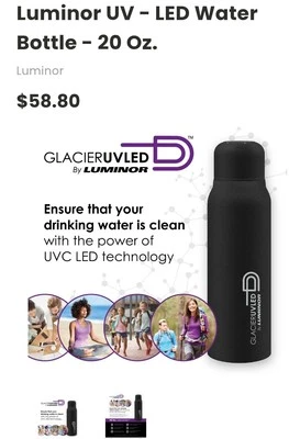 Glacier UV LED bottiglia autopulente e purificante acqua 20,28 oz nuova con scatola nera - Immagine 1 di 4