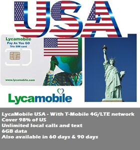 USA Travel Lycamobile US prepaid sim 30 days 6GB T-Mobile 4G UNLIMITED CALL TEXT