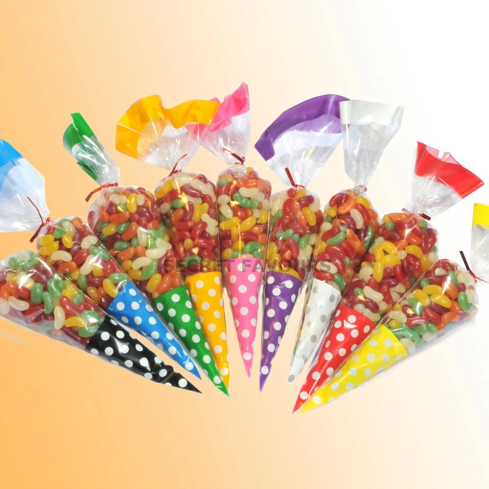 Bolsas de cono de violonchelo de fiesta dulces de celofán golosinas dulces regalos GRANDES 18x37 cm 45 micras Foto 1 de 1