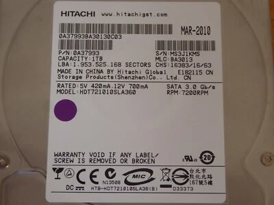 Hitachi HDT721010SLA360 MLC: BA3013 P/N: 0A37933 MAR-2010 1TB - Bild 1 von 2