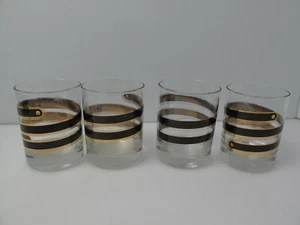 Vintage Lot 4 Mid Century Braun Gold Band Gerippt Gestreift Altmodisch Gläser - Bild 1 von 5